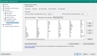 Trados Studio Simple Numcheck plugin settings window with a list of alphanumeric check options and measurement units for customization.