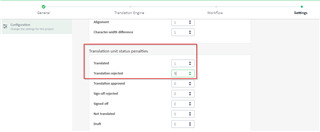 Screenshot of Trados Studio showing Translation Memory penalties configuration with a red box highlighting the 'Translation unit status penalties' section, including options for 'Translated', 'Translation rejected', and other statuses.