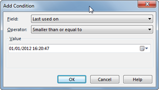 Add Condition dialog box with 'Last used on' field selected and a date and time entered as the value.