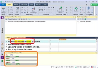 Screenshot of Trados Studio interface showing a translation project with text segments in red, green, and blue shading. The Advanced Term Recognition panel is open with terms highlighted in orange.