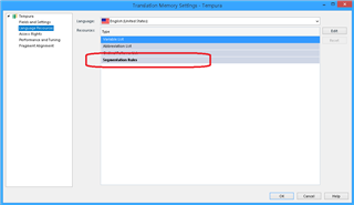Screenshot of Trados Studio Translation Memory Settings with the 'Language Resources' tab open and 'Segmentation Rules' section highlighted in red.