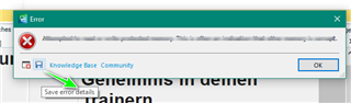 Error dialog box in Trados Studio with an option to save error details by clicking on the blue diskette icon.
