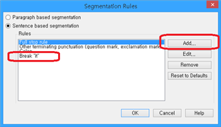 Screenshot of Trados Studio Segmentation Rules dialog box with 'Sentence based segmentation' rules and the 'Edit' button highlighted in red.