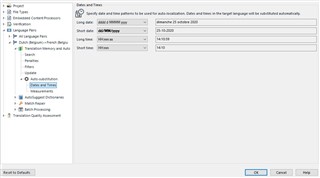 Trados Studio screenshot showing the 'Dates and Times' settings window with an error message indicating the date format 'dd-MM-yyyy' cannot be changed.