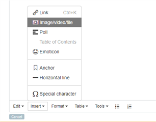 Insert option menu in a forum thread with options to add images, videos, files, and other content.