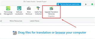 SDL Trados Studio interface showing the 'Upgrade Translation Memories Migration' option highlighted in the toolbar.