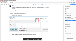 Trados Studio tutorial screenshot showing the 'Define Filter' dialog box with an error icon next to the 'Filter Name' field indicating a missing filter name.