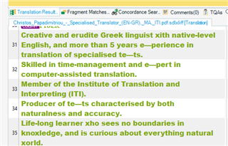 Screenshot of Trados Studio Editor showing text recognition errors, with characters like 'x' replaced with '-' and 'w' replaced with 'x'.