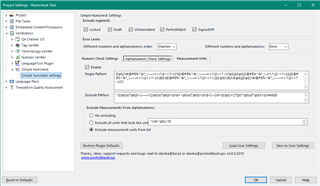 Plugin settings window displaying advanced options for number checking patterns and exclusion rules in Trados Studio's Simple Numcheck plugin.