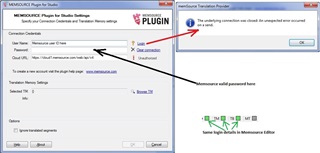 Error message in Trados Studio with Memsource Plugin settings open, showing unsuccessful login attempt despite correct credentials.