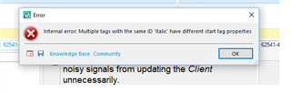 Error message in Trados Studio stating 'Internal error: Multiple tags with the same ID 'italic' have different start tag properties.' with an OK button.