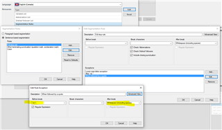 Trados Studio Basic view screenshot where the regex has been modified automatically, displaying a warning about a possibly invalid regex.