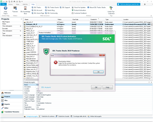 SDL Trados Studio Product Activation window showing error 'Deactivation failed: Communication error occurred during the deactivation process.'