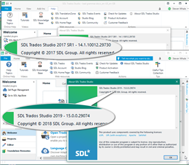 Screenshot of Trados Studio showing two different version numbers: Trados Studio 2017 SR1 - 14.1.10012.29730 and Trados Studio 2019 - 15.0.0.29074.