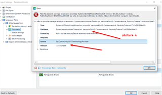 Detailed error message in Trados Studio with red arrows pointing to 'ServiceUrl' and 'Exception' indicating issues with the IATE Terminology Provider.