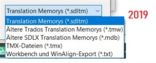 Dropdown menu from Trados Studio 2019 showing multiple file type options including TMX files (*.tmx) for Translation Memorys.