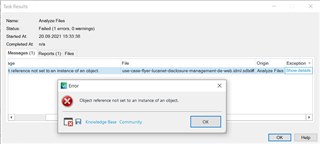 Trados Studio Task Results window with an error 'Object reference not set to an instance of an object.'