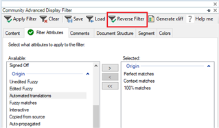 Trados Studio Community Advanced Display Filter window showing options under 'Available' and 'Selected' in the Origin section. 'Perfect matches', 'Context matches', and '100% matches' are selected. 'Reverse Filter' button is highlighted.