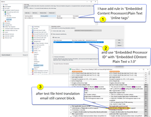 Trados Studio project settings with a note explaining the addition of a rule in 'Embedded Content Processor' to block email translation in HTML files.