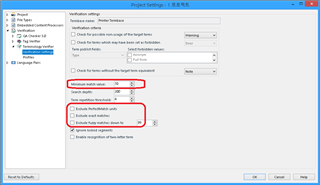 Trados Studio Project Settings window showing Verification settings with Minimum match value set to 70% and options to Exclude locked segments and Exclude 100% matches both checked.