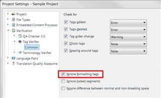 Trados Studio Project Settings window highlighting the 'Ignore formatting tags' option under QA Checker 3.0 settings.