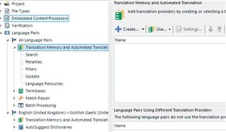 Trados Studio project settings showing 'All Language Pairs' selected with no translation memory or automated translation provider added.