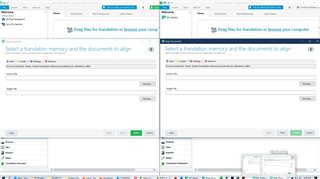 Trados Studio 2021 screenshot showing an error where the 'Finish' button is disabled after selecting a TM, while the 2019 version on a laptop works correctly.