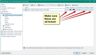 Screenshot of Trados Studio Project Settings window with a focus on the 'Update' checkbox section. Red arrows point to several unchecked boxes with a text overlay saying 'Make sure these are all ticked'.
