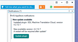 Trados Studio notification window showing an update available for SDL Machine Translation Cloud plugin with an 'Update plugin' button.