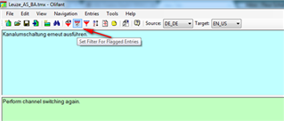 Okapi Olifant interface with an error message highlighted and an option to set filter for flagged entries.
