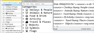 Trados Studio interface showing categories of emojis such as Smileys & People, Animals & Nature, and Food & Drink.