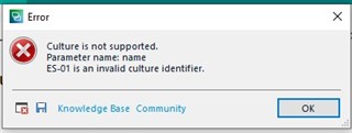 Error message in Trados Studio stating 'Culture is not supported. Parameter name: name ES-01 is an invalid culture identifier.' with an OK button and links to Knowledge Base Community.