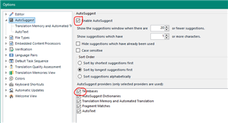 Trados Studio Options menu with AutoSuggest settings. 'Enable AutoSuggest' is checked, and 'Termbase' is listed as an accepted source under 'AutoSuggest Dictionaries'.