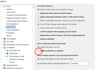 Trados Studio Options menu with 'Verification' check under QA Checker 3.0 section deactivated to speed up confirming segments.