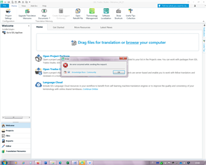 SDL Trados Studio error message 'An error occurred while sending the request' displayed on startup screen.