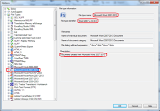 Trados Studio options window showing file type information for Microsoft Word 2007-2013 with a description 'Documents created with Microsoft Word 2007-2013'.