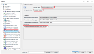Trados Studio options window showing file type information for Microsoft Excel 2007-2016 with a description 'Documents created with Microsoft Excel 2007-2013'.