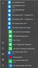 Windows Start Menu showing SDL Trados Studio 2017 and 2019 apps, with missing SDL Batch Find and Replace, TTX It, T-Window for Clipboard, and XLIFF Converter.