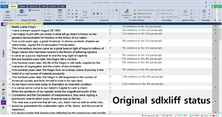 Screenshot of Trados Studio interface showing original sdlxliff status with a document open in the background.