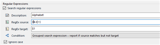 Trados Studio QA Checker regular expressions window showing 'Alphabet' description, 'a-z' as RegEx source, '$1' as RegEx target, 'Grouped search expression - report if source matches but not target' condition, and 'Ignore case' checked.