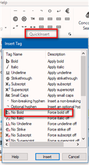 Trados Studio QuickInsert menu with options for text formatting, including 'No Bold' highlighted.