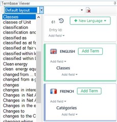 Screenshot of Trados Studio Termbase Viewer with Default layout selected, showing English and French term entry fields.