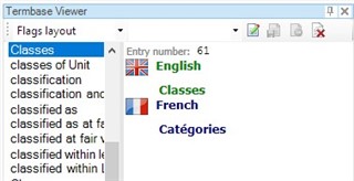 Screenshot of Trados Studio Termbase Viewer with Flags layout selected, displaying term entry number and language flags.