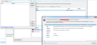 Trados Studio error message stating 'A connection to SDL MultiTerm Server could not be established' with details about missing 'entityFramework' file.