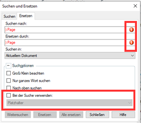 Trados Studio Search and Replace dialog with warnings next to 'Search for:' and 'Replace with:' fields, indicating an issue with the input when 'Use Regular expressions' is active.