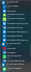 Windows Start Menu showing SDL MultiTerm 2019 apps and SDL Trados Studio 2019 apps, with no visible errors or warnings.