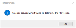 Information dialog box in Trados Studio with an error message stating 'An error occurred whilst trying to determine the file version.' with an OK button.