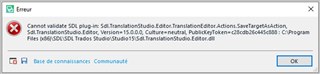 Error message in Trados Studio indicating a problem with the Sdl.TranslationStudio.Editor.Actions.SmartTagValidation plugin.
