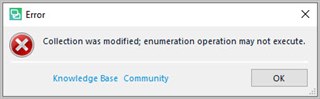 Error message in Trados Studio stating 'Collection was modified; enumeration operation may not execute.' with non-functional Knowledge Base and Community links.