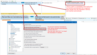Screenshot of Trados Studio showing the 'Options' menu with 'Automation' selected. A red box highlights the 'Insert all matches' option with a warning about automatic insertion of MT results.